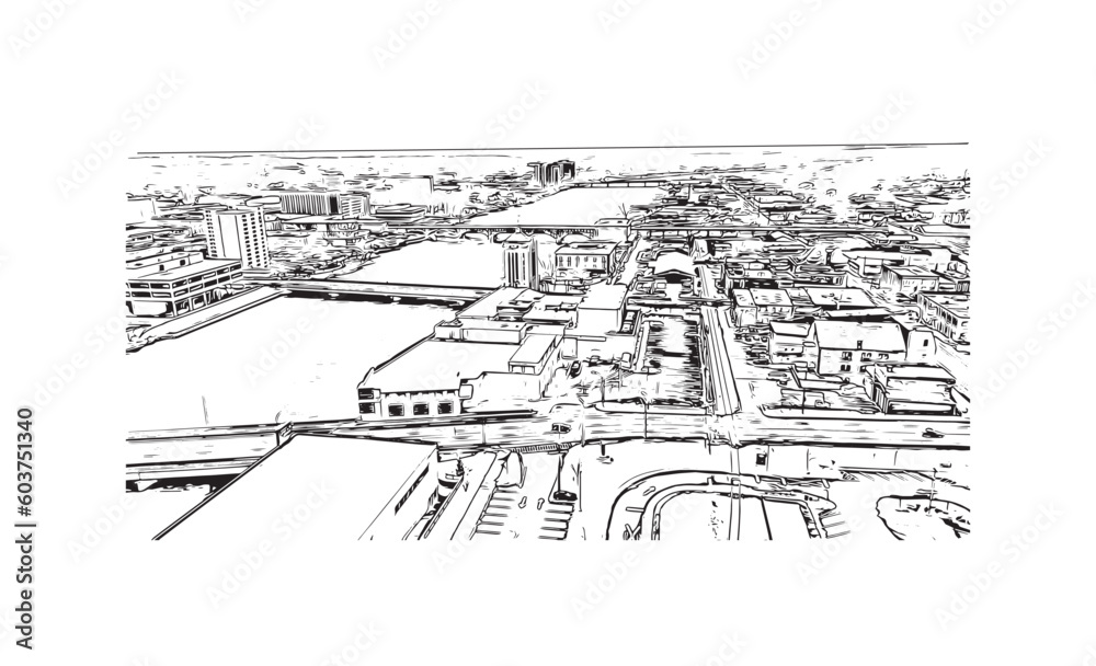 Obraz premium Building view with landmark of Rockford is a city in northern Illinois. Hand drawn sketch illustration in vector.