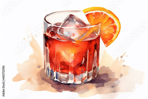 Negroni cocktail watercolourstyle. Generative AI