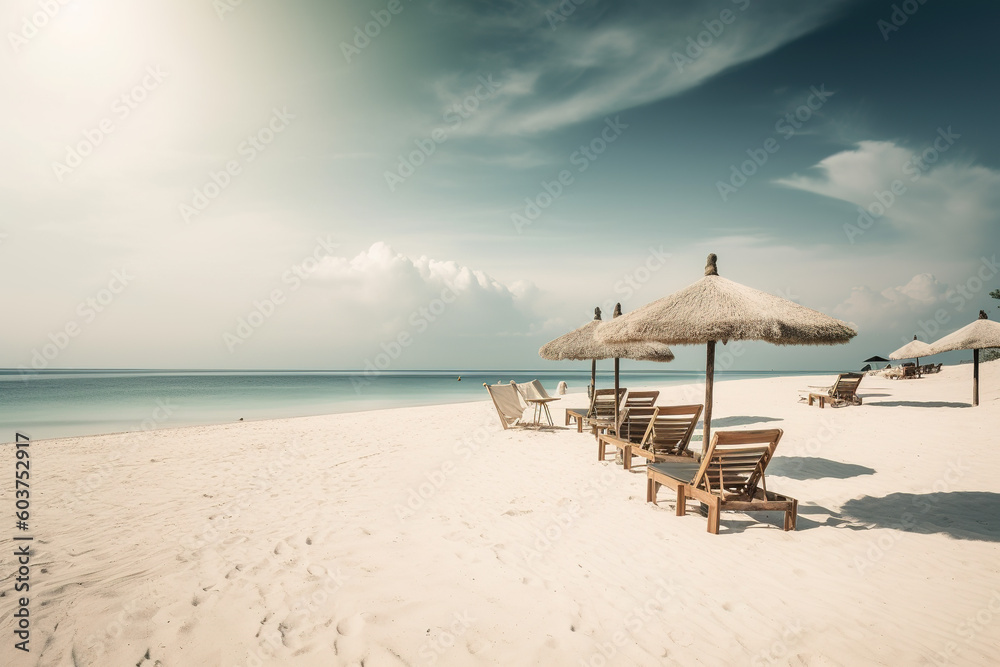 Paridisiac beach with white sand, chairs and umbrella banner.