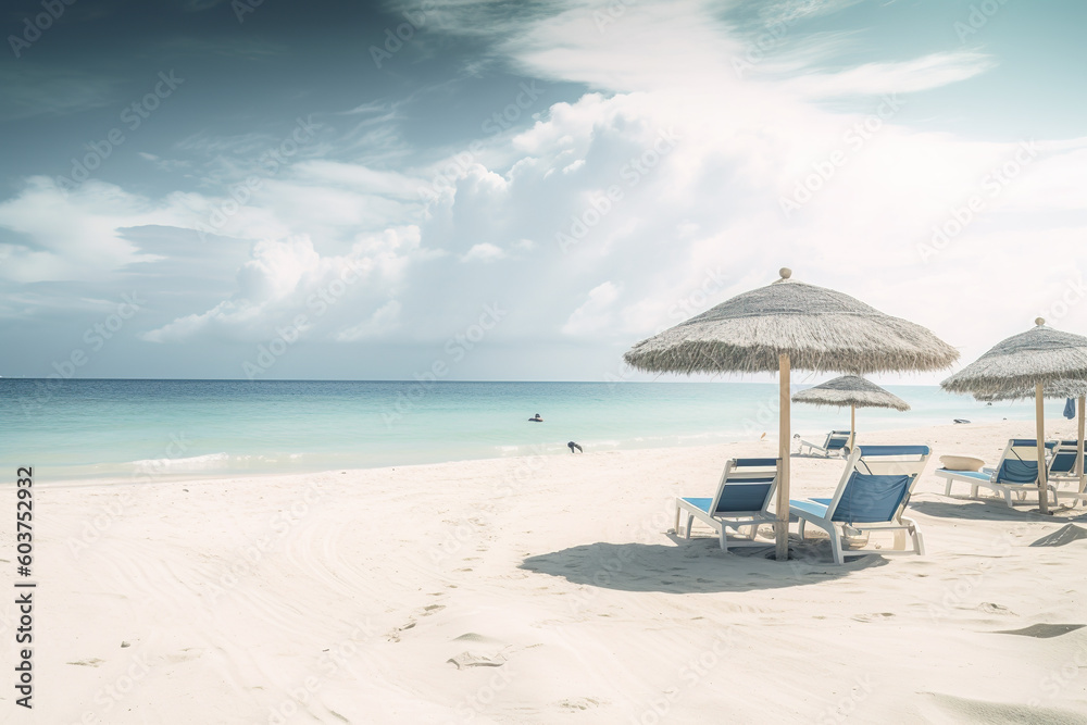 Paridisiac beach with white sand, chairs and umbrella banner. Paridisiac beach with white sand, chairs and umbrella banner.