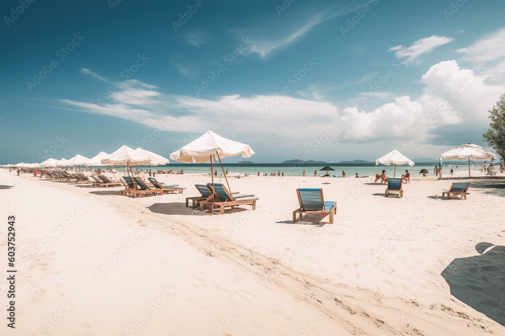 Paridisiac beach with white sand, chairs and umbrella banner. Paridisiac beach with white sand, chairs and umbrella banner.