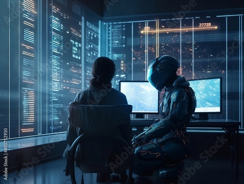 A person talking to ai.futuristic robotic technology and the two looking at stock market charts photo
