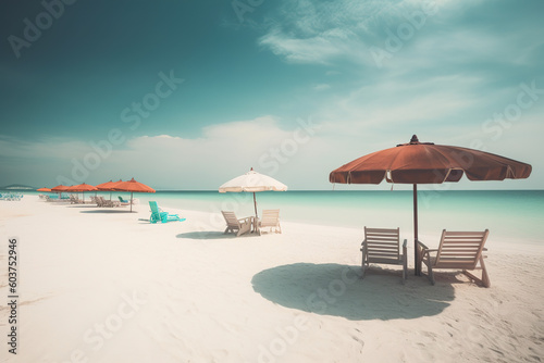 Paridisiac beach with white sand  chairs and umbrella banner.