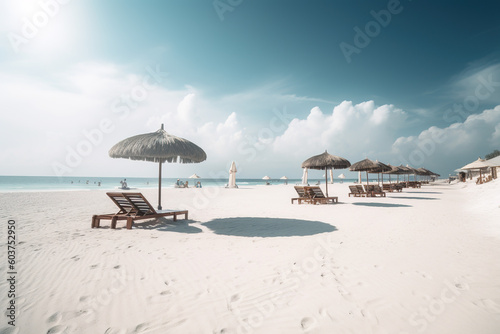 Paridisiac beach with white sand, chairs and umbrella banner.