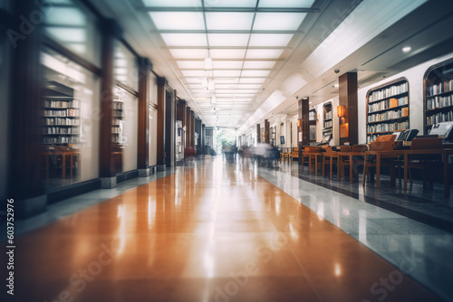 Blurred public library.  Interior space. Education. Learning.