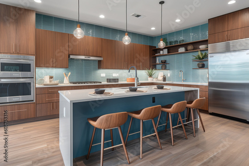 Modern colorful kitchen. Blue and brown colours majority for brown colours
