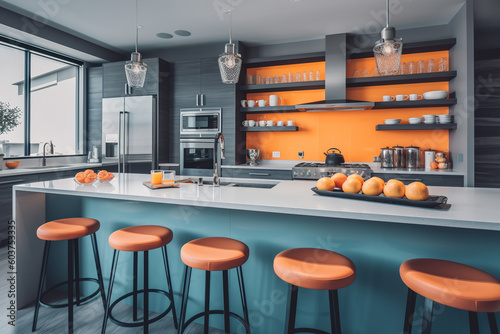Modern colorful kitchen. Blue and orange colours majority for orange colours