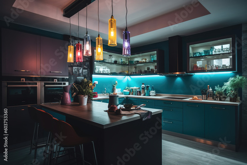 Modern colorful kitchen. Blue and black colours majority for blue colours