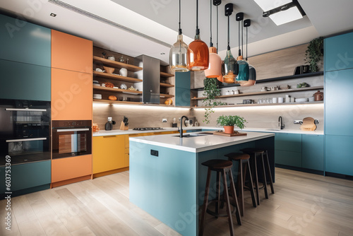 Modern colorful kitchen. Blue and orange colours majority for orange colours