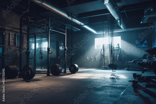 Modern crossfit room with several sports machines. 