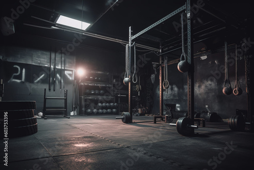 Modern crossfit room with several sports machines. 