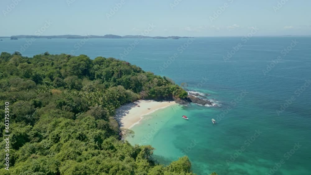 Aerial top view of Bolaños tropical island beach with white sand and emerald water, Chiriquí gulf, Chiriquí province, Panamá, Central America - stock video Aerial top view of Bolaños tropical island beach with white sand and emerald water, Chiriquí gulf, Chiriquí province, Panamá, Central America - stock video