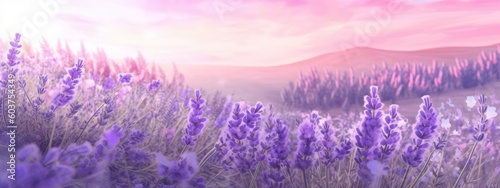 A banner design showcasing a field of lavender in full bloom  with soft purple hues and delicate petals  creating a soothing and aromatic atmosphere. Generative AI