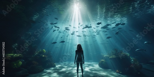 Person entering a fantastical underwater summer world, where mermaids and aquatic creatures celebrate the season beneath the waves, concept of Fantasy Adventure, created with Generative AI technology