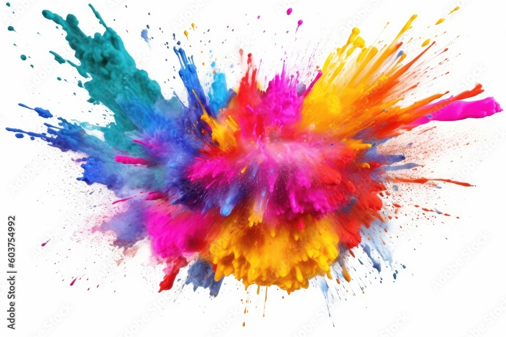 Colorful paint splashes and powder explosion on white background. (Generative AI)