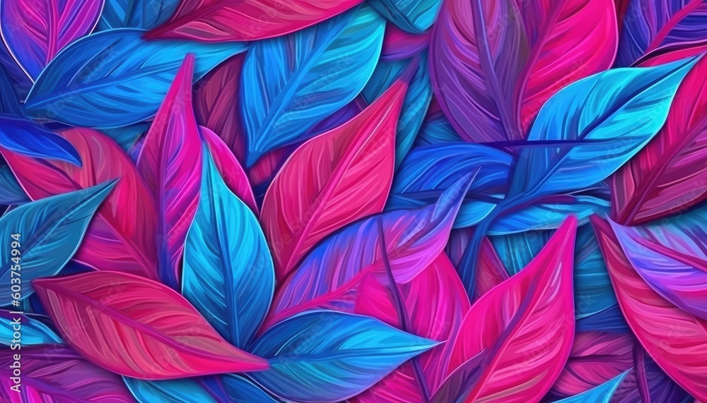 The background has magenta and azure tropical leaves. (Generative AI) The background has magenta and azure tropical leaves. (Generative AI)
