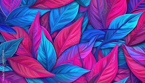 The background has magenta and azure tropical leaves. (Generative AI)