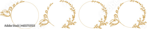 Luxury botanical gold wedding frame elements on white background. Set of circle shapes, glitters, eucalyptus leaves, leaf branches. Elegant foliage design for wedding, card, invitation, greeting