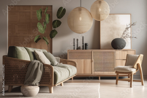 Trendy minimalistic japandi modern interior living room in beige tones. Photorealistic illustration generative AI.