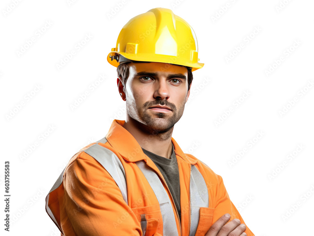 Construction worker man with helmet looking at camera. Generative AI Construction worker man with helmet looking at camera. Generative AI
