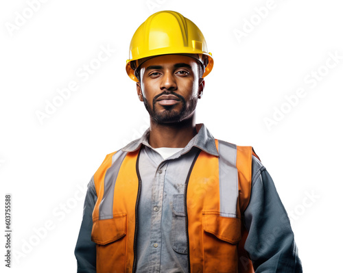 Construction worker man with helmet looking at camera. Generative AI