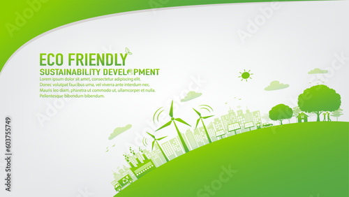Template design for Sustainability development, Eco friendly and Green city concept, vector illustration