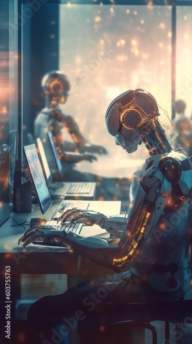 Call center business with robot using Ai for more productivity. Generative AI photo