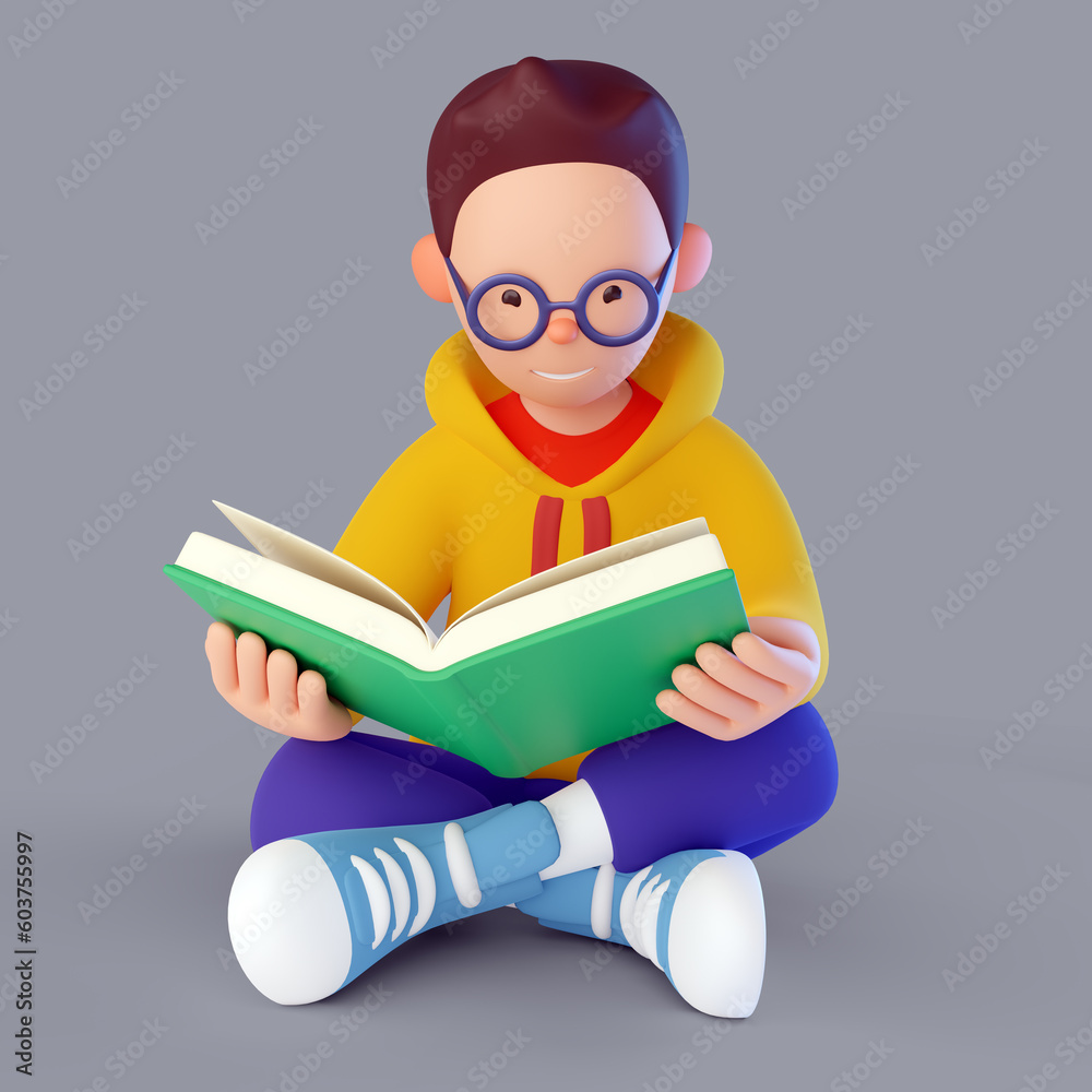 A character with glasses reading a book in a 3d style A character with glasses reading a book in a 3d style
