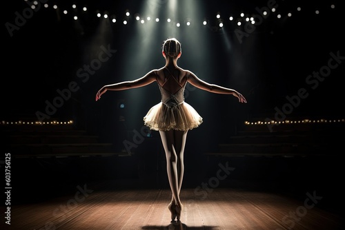 Obraz na płótnie Back view of young ballerina in tutu dancing on stage with spotlights
