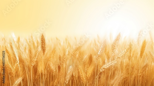 a close up of a wheat field with the sun shining in the background and a blurry image of wheat stalks in the foreground.  generative ai