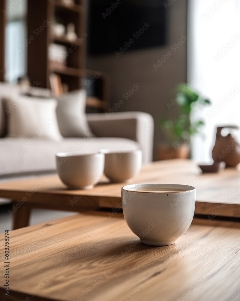 A white coffee cup sits on a wooden table with living room backdrop. (Generative AI) A white coffee cup sits on a wooden table with living room backdrop. (Generative AI)
