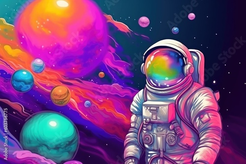 A pop art concept of an astronaut amidst a colorful bubble galaxy on a far-off planet. (Generative AI)