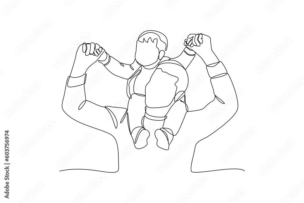 Single one-line drawing father carrying his child on his back. Father's Day concept. Continuous line draw design graphic vector illustration. Single one-line drawing father carrying his child on his back. Father's Day concept. Continuous line draw design graphic vector illustration.