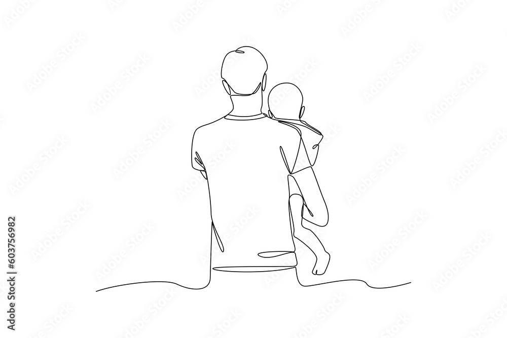 Single one-line drawing rear view of dad holding his baby. Father's Day concept. Continuous line draw design graphic vector illustration. Single one-line drawing rear view of dad holding his baby. Father's Day concept. Continuous line draw design graphic vector illustration.