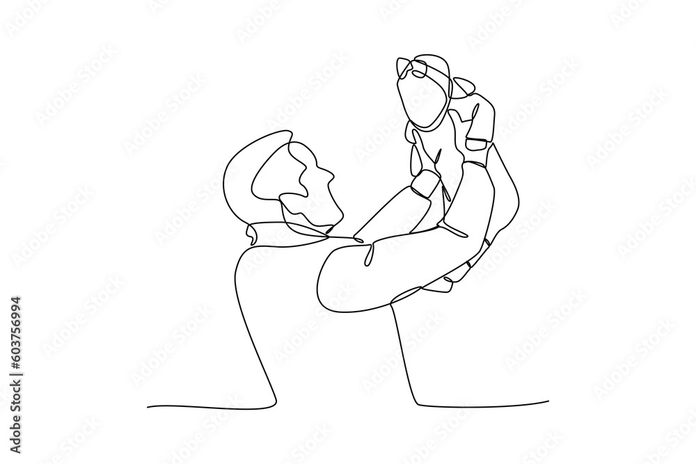 Single one-line drawing baby in his father's arms. Father's Day concept. Continuous line draw design graphic vector illustration.