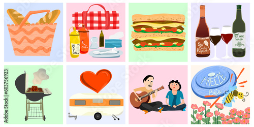 Vibrant couple travel picnic collection set. Sandwich barbeque wine, caravan car trip and camping. Perfect for travel blogs, family websites, and vacation planning resources. 20 things about traveling