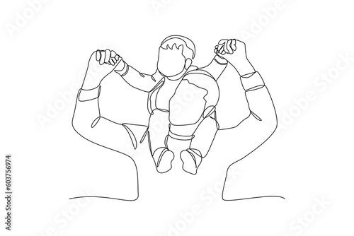 Single one-line drawing father carrying his child on his back. Father's Day concept. Continuous line draw design graphic vector illustration.