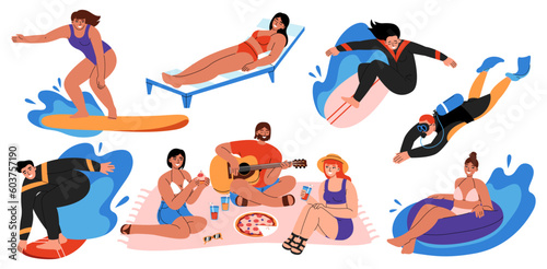 Summer outdoor activities set. People surfing, relaxing on chaise longue, making picnic, swimming and snorkeling. Scenes of happy men and women at leisure time. Flat vector illustrations.