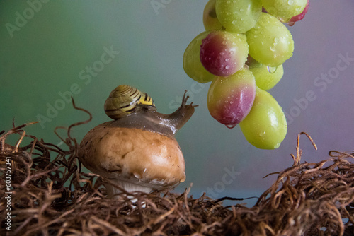 snail looking at grapes