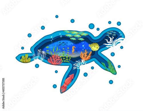 Cartoon sea turtle paper cut silhouette with underwater landscape of vector tropical fish, seahorse, squid and puffer. Ocean coral reef bottom with blue water waves and seaweeds, double exposition