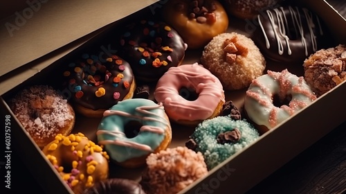 Different types of donuts in one box. View from above. Generative AI