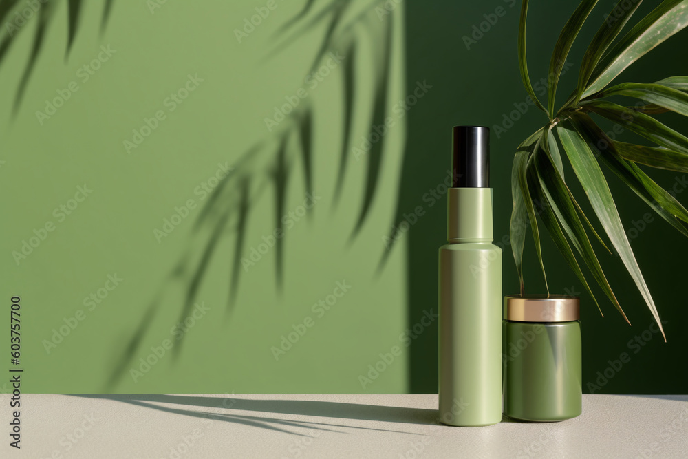Beauty product packaging on green table with palm leaf and green wall