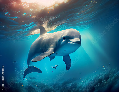 Portraits of dolphins playing underwater with sunlight shining through the surface of the sea.Generative Ai. © Inlovehem