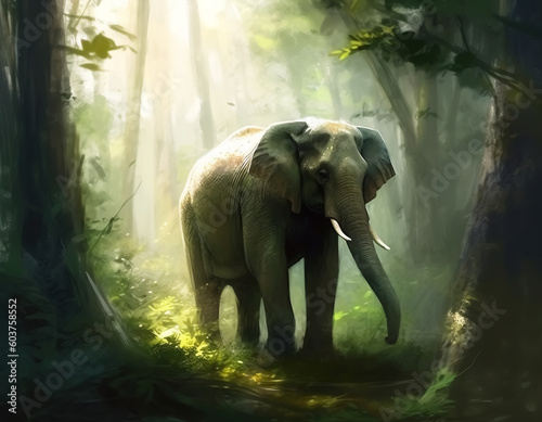Elephant in the green forest.Generative Ai.