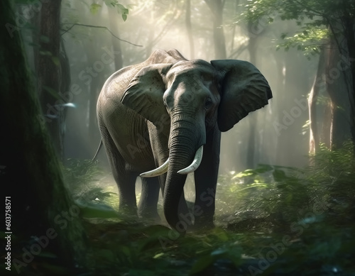 Elephant in the green forest.Generative Ai.