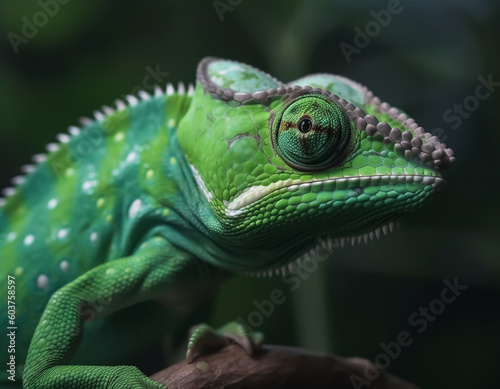 Green chameleon close up with forest background.Generative Ai.