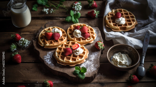 Fresh Waffles with Strawberries and Cream on a Rustic Table
