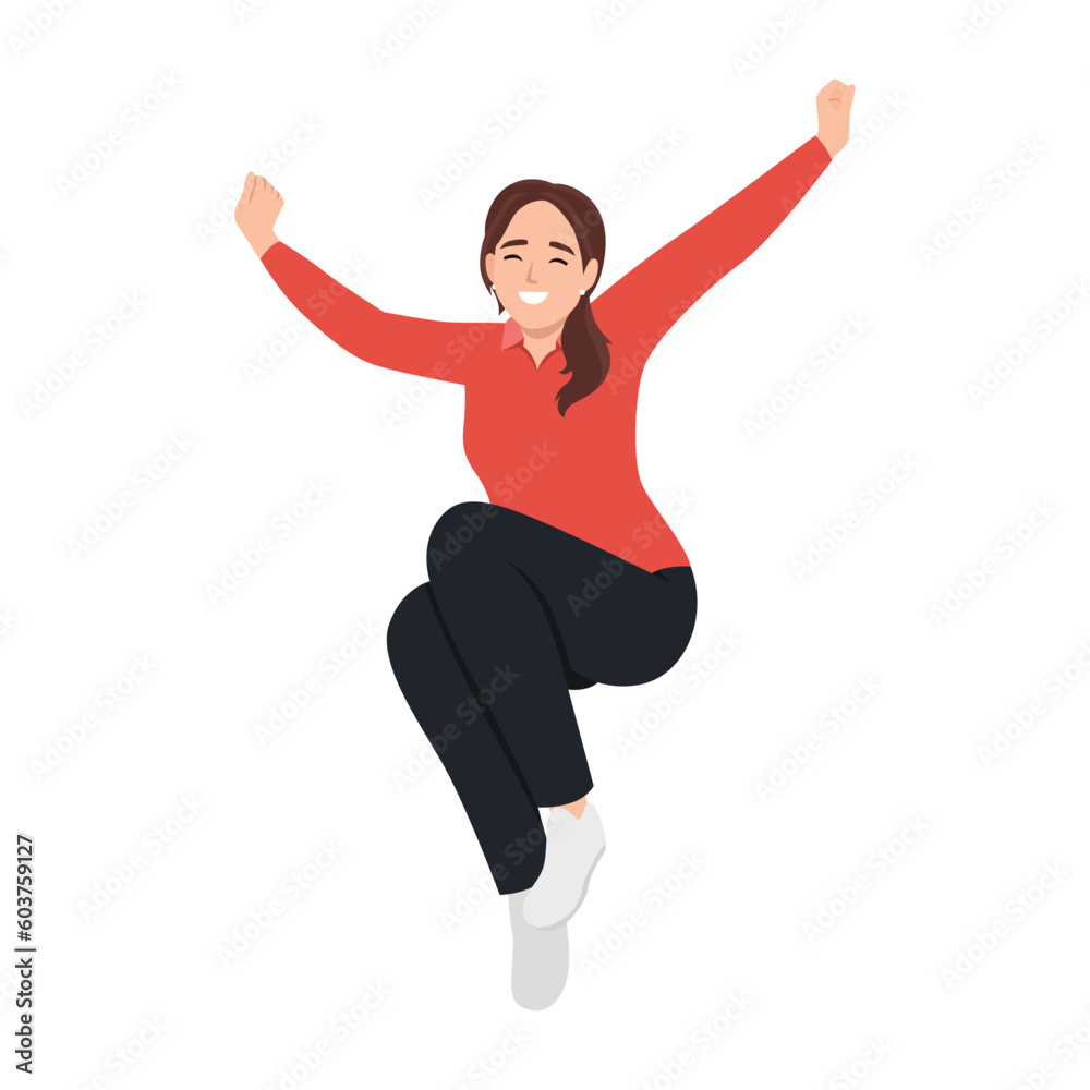 Happy surprised woman in jeans jumping. Flat vector illustration isolated on white background