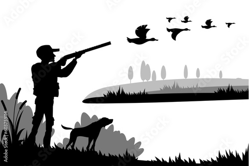 Hunting silhouette. Hunter with shotgun, dog and duck flock on vector background of swamp nature landscape. Duck hunt sport, man shooting flying duck birds with gun or rifle, hound dog and marsh trees