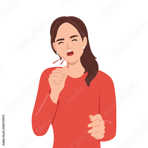 Illustration of young teenager girl coughing with fist in front of mouth. Flat vector illustration isolated on white background